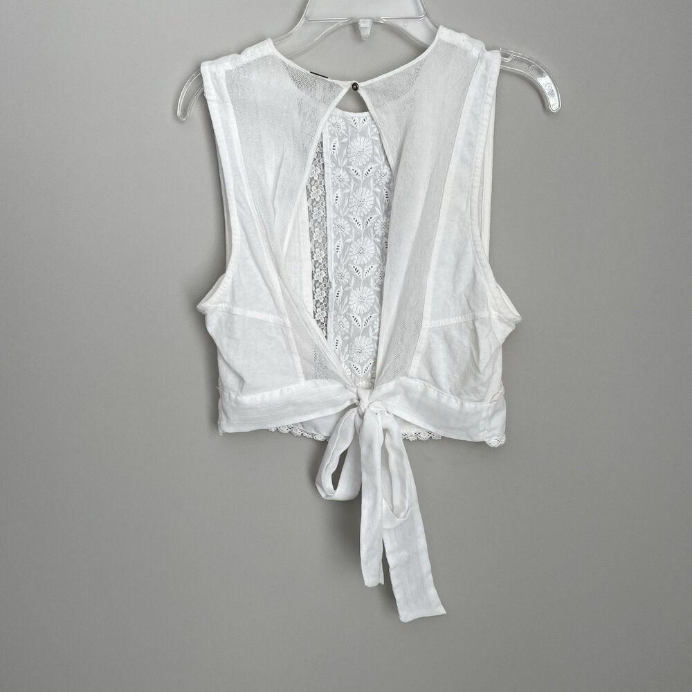 Free People Size S White Boho Cottagecore Lace Open Tie Back Crop Top Sheer - Picture 4 of 7